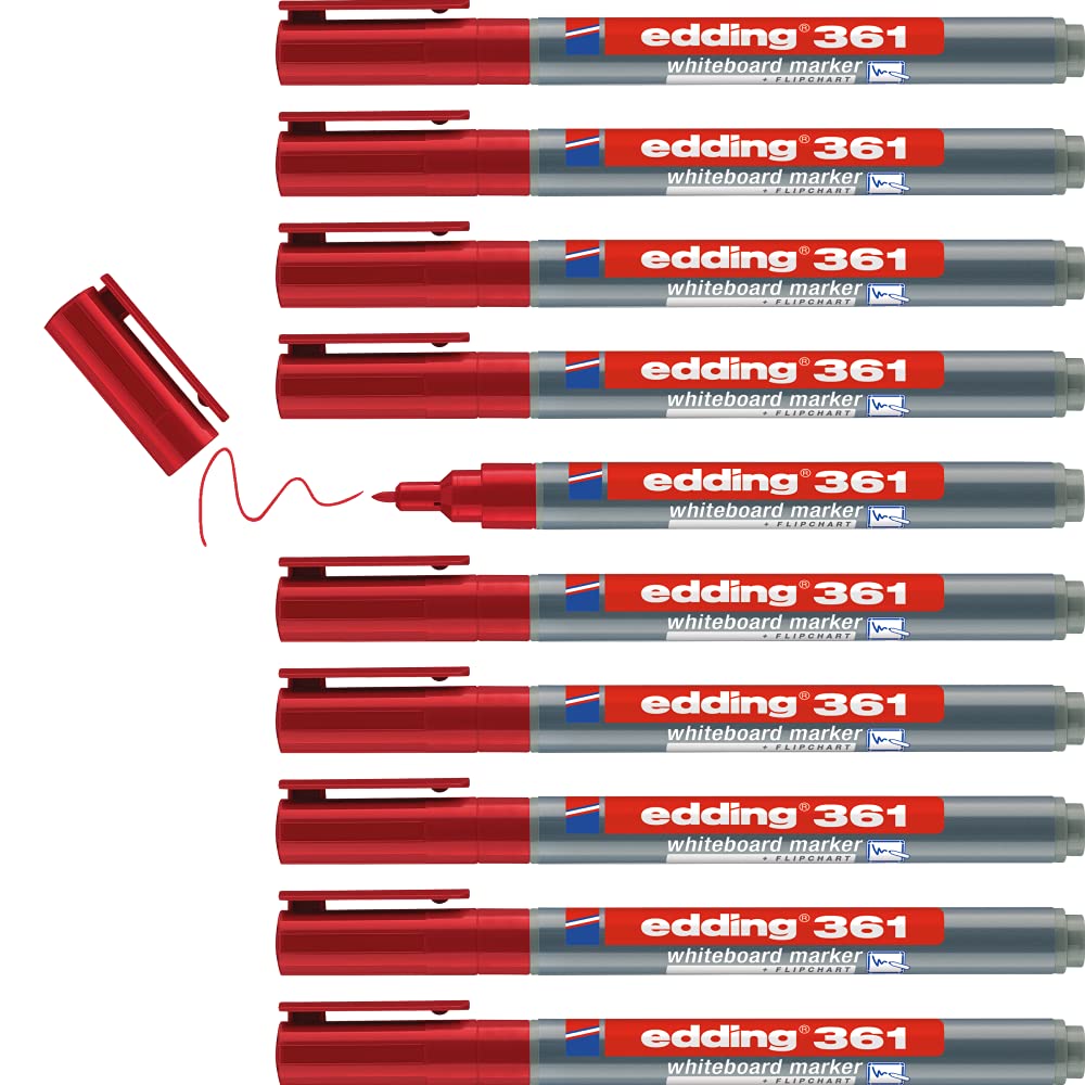 edding 361 whiteboard marker - red - 10 whiteboard pens - round tip 1 mm - whiteboard pen dry wipe - for whiteboards, flipcharts, pinboards, magnetic and memo boards - sketchnotes - refillable