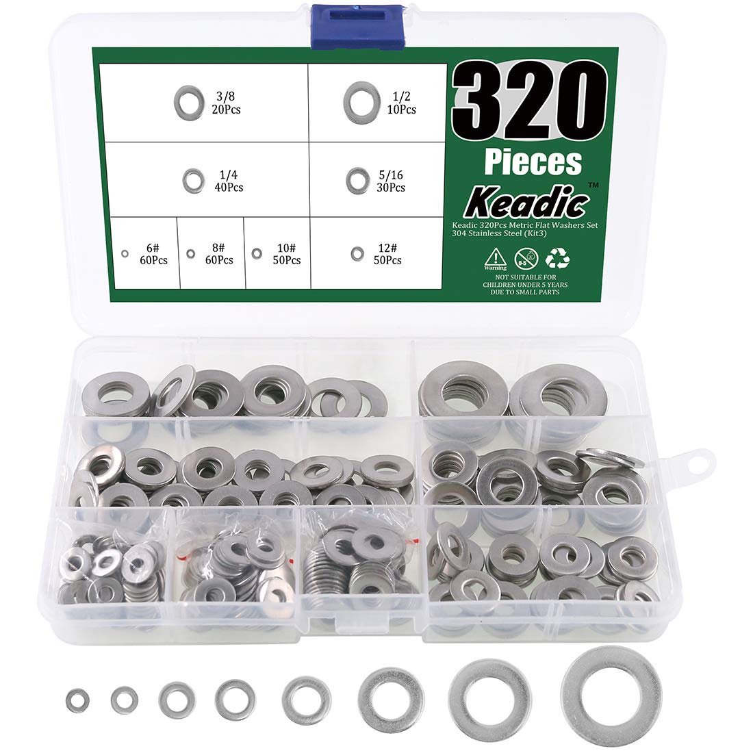 Keadic 320Pcs Flat Washers Set Stainless Steel, 8 Sizes - 1/2 3/8 5/16 1/4 12# 10# 8# 6# Hardware Gasket Assortment Kit (Kit3)