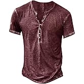 Mens Distressed Henley Shirts Retro Short Sleeve Tee Shirts Casual Button Down Washed T-Shirts for Men