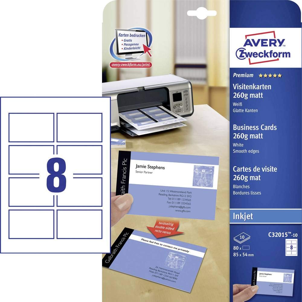 Avery Zweckform C32015-10 Business Cards White Matt Special Coating Smooth Edges with Quick&Clean Technology 200 g for Inkjet 10 Sheets