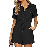 GRAPENT Women's Summer Short Sleeve Button Down Pockets Belted Jumpsuits Rompers
