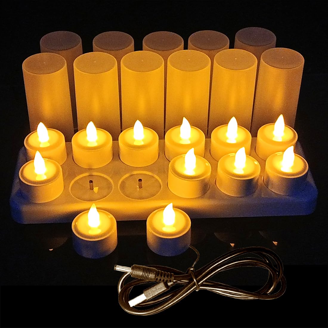Flameless Candles 12pcs Rechargeable Tea Candles LED Flickering Tea Lights, 12 Frosted Cups with Charging Base for Valentine's Day Christmas Halloween Wedding Outdoor Party Decor (No Remote Control)