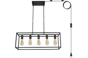 Z ZOSIMIO LIGHT Black Farmhouse Plug in Kitchen Island Lighting, Industrial Modern 5-Light Linear Chandelier with 17.5ft Cord, Rectangular Light Fixtures for Dining Living Room Bar