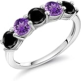 Gem Stone King 925 Sterling Silver Black Diamond and Purple Amethyst Wedding Band Ring For Women (0.96 Cttw, Round 3.5MM, Gemstone April Birthstone)