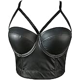 VEENDEO Women's Straps PU Leather Bustier Crop Top Push Up Corset Top Bra For Club Party Racer Sports Bra Tops