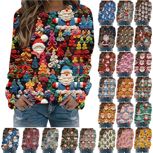Ladies Xmas Jumpers,Christmas Jumpers for Women UK Ladies Ugly Jumper Funny Xmas Cardigan Light Up Hoodie Sweater Dresses Tops Santa Claus Print Round Neck Pullover for Holiday