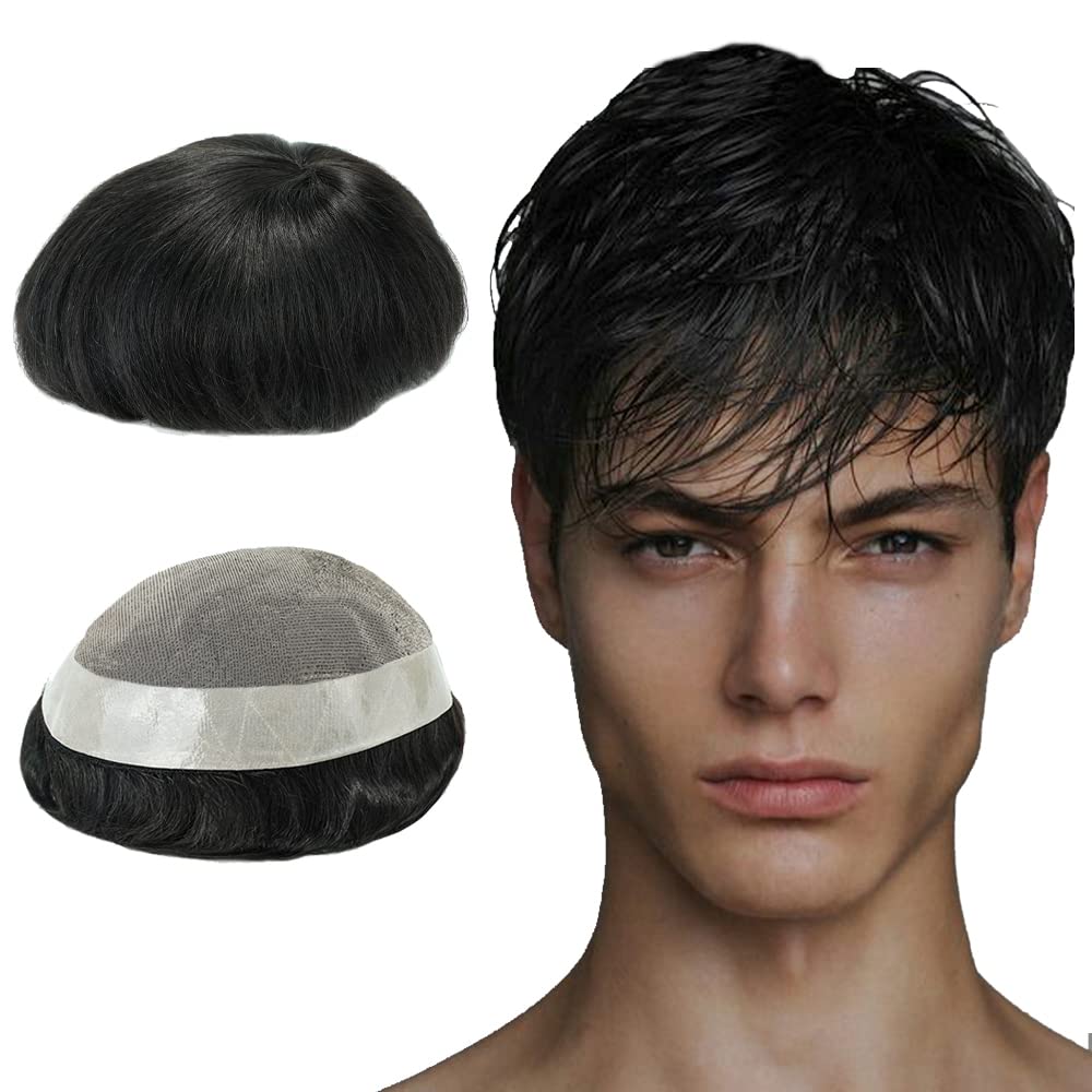 Lordhair Human Hair Lace Toupee with PU for Men Hair System Black Replacement Hairpiece Base Size 7x10 inch