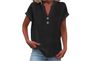 FLOLEO Linen Shirts for Women V Neck Button down Blouse Short Sleeve Office Work Tops Vintage Vacation Tees Shirt Blouse Tops