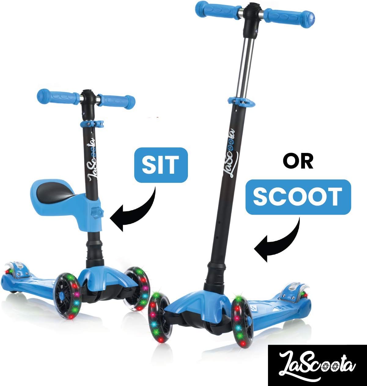 Lascoota 2-in-1 Kick Scooter with Removable Seat Great for Kids & Toddlers Girls or Boys – Adjustable Height w/Extra-Wide Deck PU Flashing Wheels for Children from 2-14 Years Old - Packaging May Vary