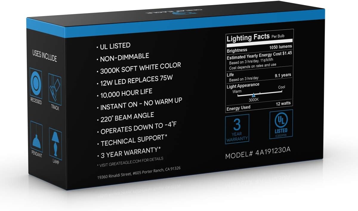 Great Eagle A19 LED Light Bulb, 12W (75W Equivalent), UL Listed, 3000K (Soft White), 1050 Lumens, Non-dimmable, Standard Replacement (4 Pack) - - 