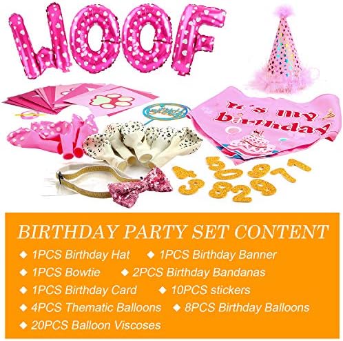 Canine Birthday Get together Provides – Canine Lady Birthday Bandana Set with Canine Birthday Hat, Scarf, Birthday Banner, Ballon and Bowtie. Pet Canine Friends Birthday Get together Decorations.