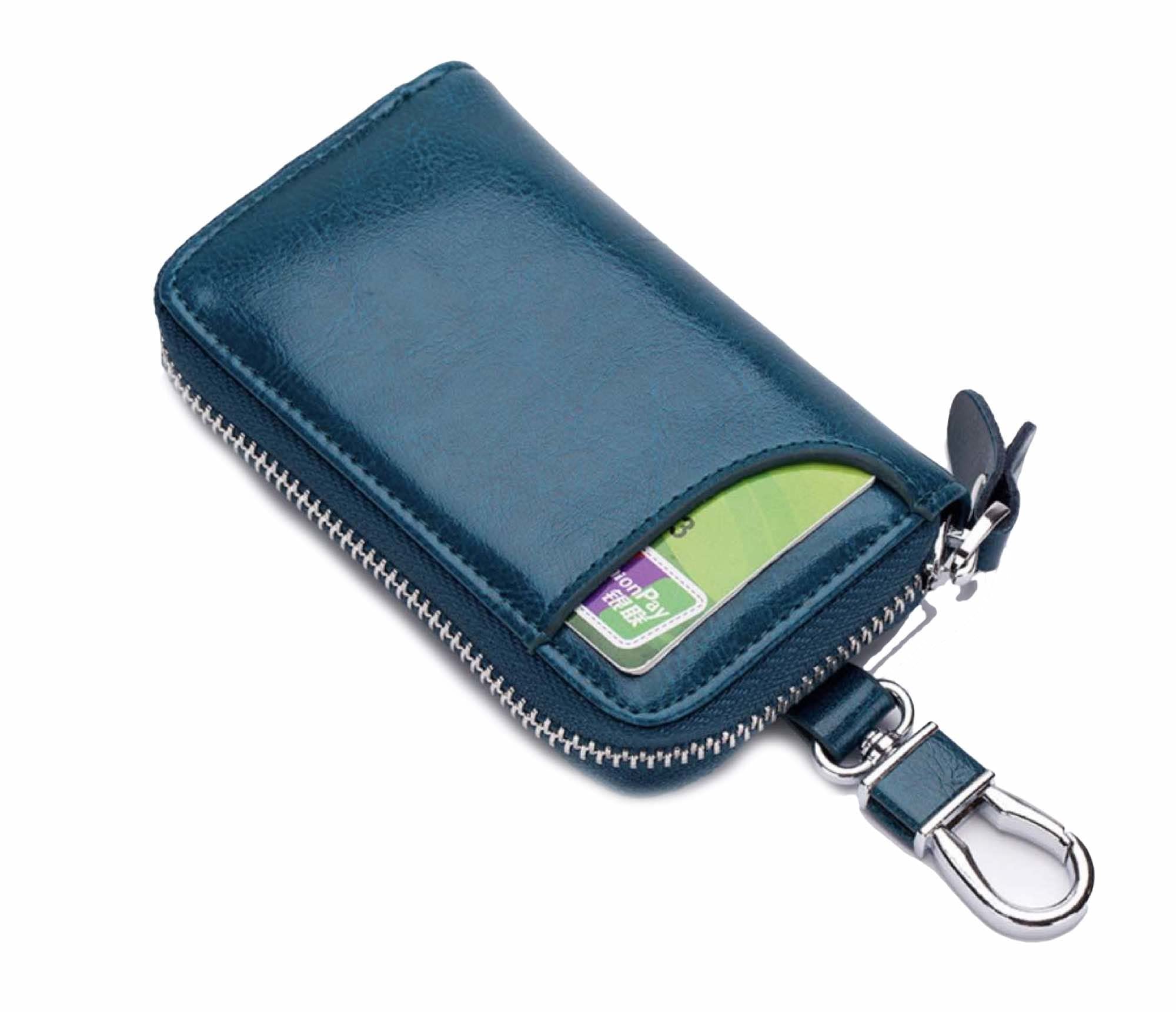 Su.B.dgn Genuine Leather Key Case Card Holder - 6 Hooks, 2 Long Car Key Chain - 1 Outer, 2 Inner Card Banknotes Slots - Teal