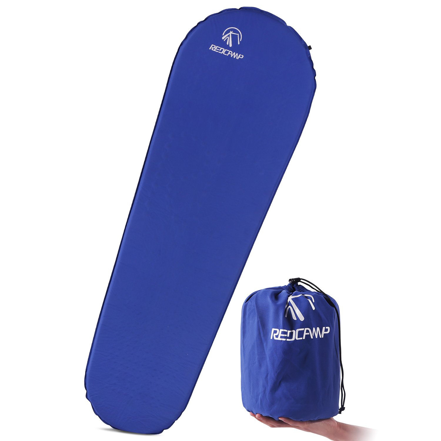 REDCAMP Self-Inflating Sleeping Pad with Attached Pillow, Compact Lightweight Camping Air Mattress with Quick Flow Value, Blue 77"x26"x1.2-2"