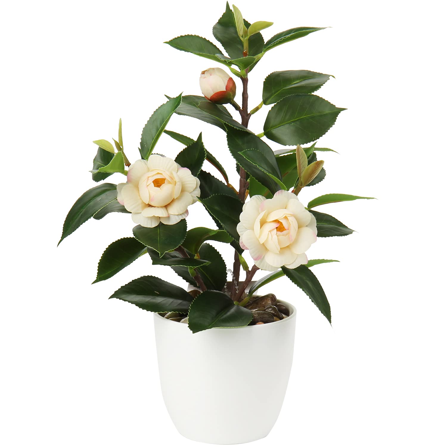 Briful Camellia Artificial Plant Fake Plants in Pot Faux Camellia Flower Artificial Potted Plants for Home Decor, 11"/28cm Yellow Artificial Flowers Faux Green Plants for Living Room Desk Decor