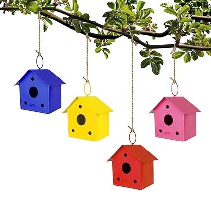 TRT Metal Bird Nest | Garden/ Wall Hanging Bird Setting Nest -Set of 4 Colorful Bird Houses