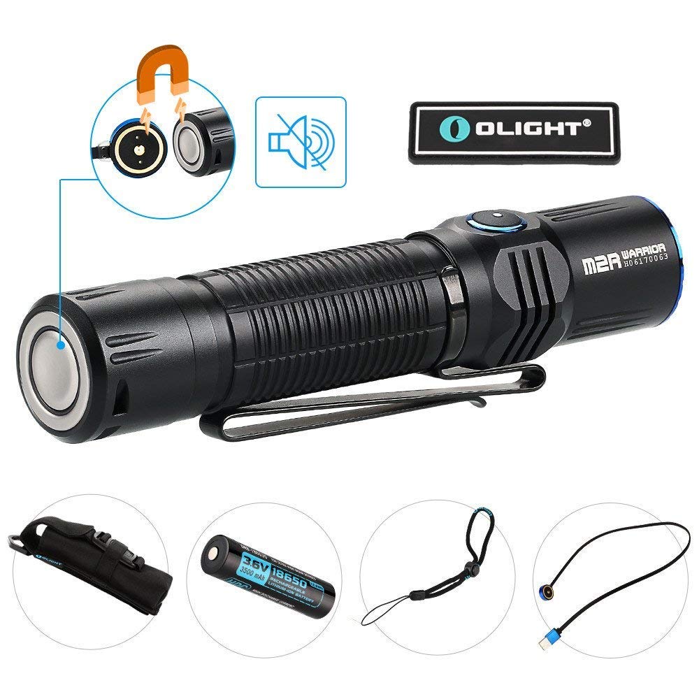 OLIGHT Bundle M2R Tactical Flashlight CREE LED 1500 Lumen Most Powerful Pocket Friendly Hunting Light Powered by 10a hdc 3500mAh 18650 Battery with USB Magnetic Cable Patch