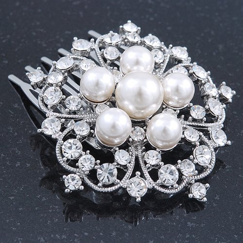 Bridal/ Wedding/ Prom/ Party Rhodium Plated Austrian Clear Crystal, Synthetic Pearl 'Open Flower' Hair Comb - 55mm