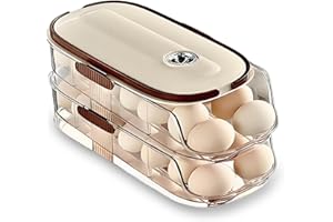 SHUNUAC Egg Holder for Fridge with Lid and Handle，automatic Rolling Egg Dispenser for Refrigerator,Stackable egg organizer for refrigerator, Countertop, Kitchen & Outdoor Use or Pantry Storage,Timed Freshness