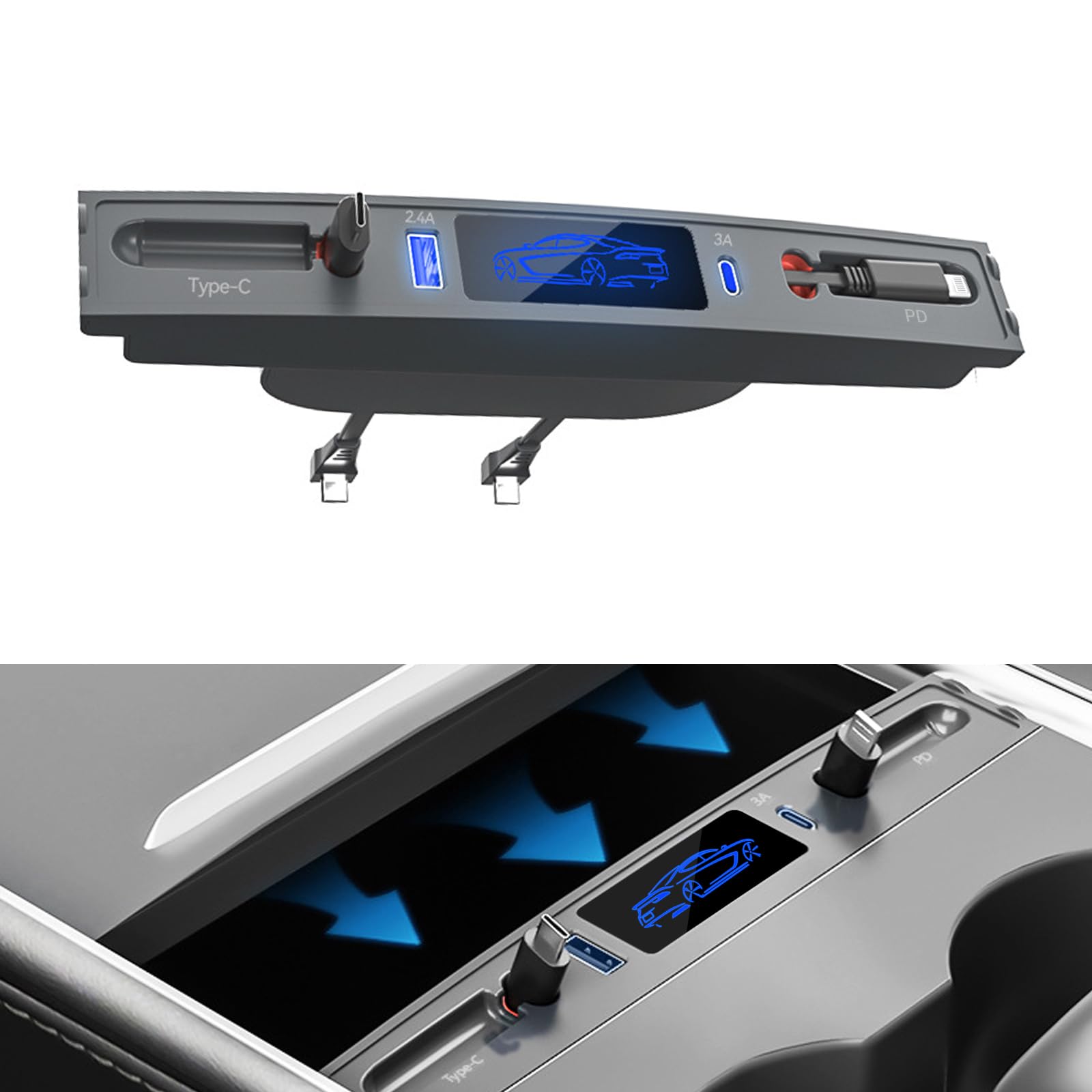 Photo 1 of Eaglewireless Tesla Car USB Hubs for Model 3(2021-2023) / Model Y(2021-2024), Mobile Fast Charger Station with Retractable Cables, Tesla Model 3 Model Y Accessories Gift for Tesla Owners