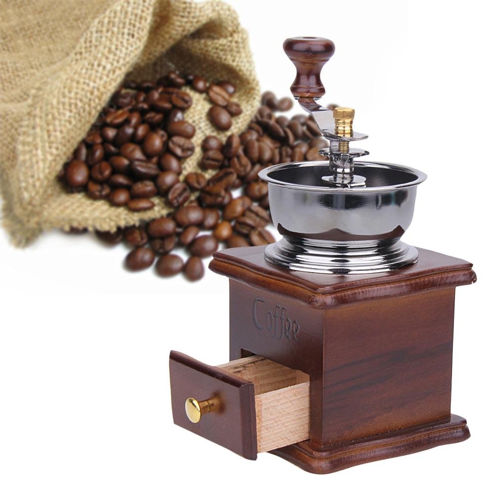 WA Antique Hand Coffee Grinder Wood Stand Metal Bowl Coffee Bean Mill