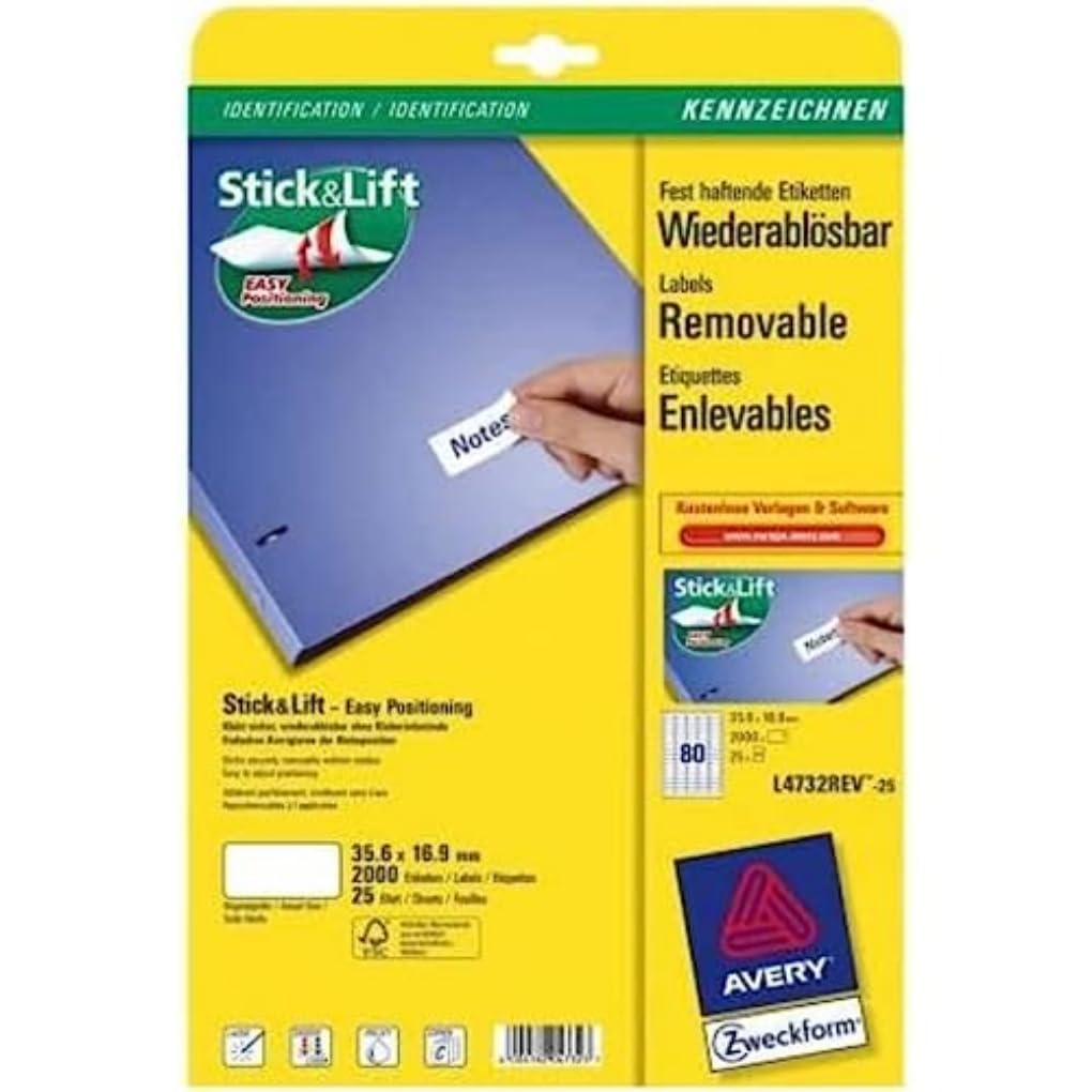 AVERY - Pack of 2000 self-Adhesive and Removable Labels, Customizable and Printable, Size 35.6 x 16.9 mm, Laser/Inkjet Printing, (L4732REV-25)