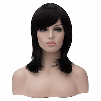 Natural Black Bangs Full Hair Women Long Straight Side Swept