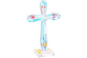 YWHL Colorful Crystal Standing Cross Decor, Handmade Glass Holy Cross Collectible Figurines Decoration, Religious Gifts for Women Men, Christian Easter Cross for Home Office Decor