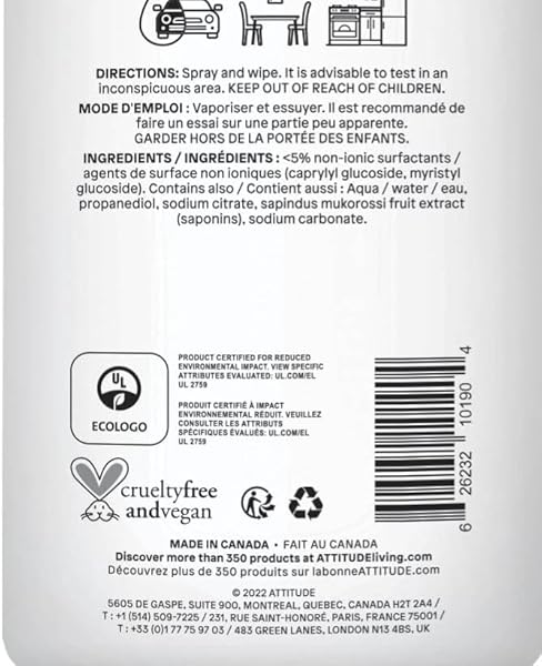 ATTITUDE ALL PURPOSE CLEANER SPRAY, EWG VERIFIED, VEGAN, MADE WITH 94% PLANT-BASED INGREDIENTS, STREAK-FREE FOR KITCHEN, BATHROOM, GLASS & MORE, UNSCENTED, 27.1 FL OZ