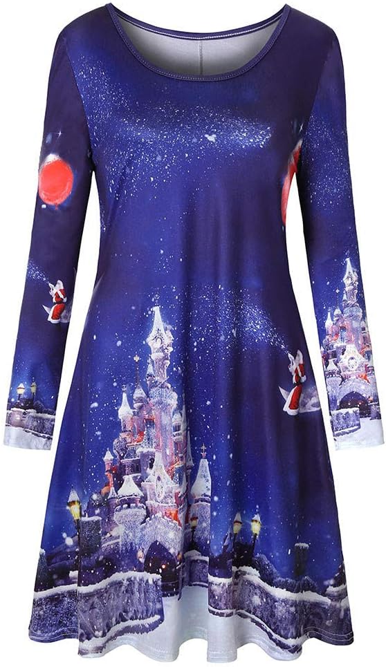 Women Christmas Vintage Long Sleeve Round Neck Elk Print Evening Party Dress