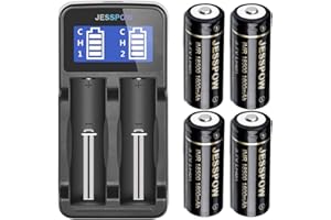 JESSPOW 18500 Rechargeable Batteries 4 Pack with Charger, IMR 18500 Rechargeable Li-ion Battery 1600mAh 3.7V [ for Flashlight, Solar Garden Light ] with Button Top