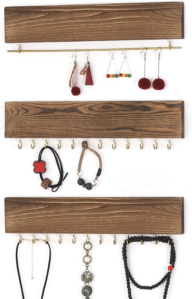 JS NOVA JUNS Jewelry Organizer Wall Mounted Set of 3, Wood Hanging Jewelry Organizer Holder with Removable Earrings Rod and 24 Hooks for Necklaces, Rings, Earrings, Bracelets Watches