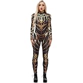 Sumtory Womens Hi-neck Skeleton Print Bodycon Jumpsuits Fullbody Unitard | High Neck Long Sleeve Bodysuit with Back Zipper for Futuristic Cosplay, Halloween Parties, Theme Events and Club Outfits