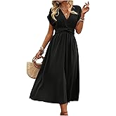 Floerns Women's Wrap V Neck Flowy Midi Dresses Short Sleeve A Line Ruched Beach Dress