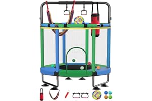 JO BULIDERSHRS Trampoline for Kids, Upgrade Full Anti-Rust 440lbs Indoor Outdoor Toddler Trampoline with Net, 55" Adjustable Baby Toddler Trampolines Accessories with 8 Toys Dart Board