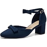 Coutgo Womens Chunky Low Heels Bow Closed Toe Ankle Strap Pumps Elegant Wedding Party Dress Shoes