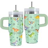 Uibunoo Dinosaur Stuff, 14 Oz Dino Tumbler with Handle & Straw, Thanksgiving Christmas Birthday Gifts for Daughter Son, Dinosaur Vacuum Insulated Tumbler for Son, Dino Cups with Lids, 1 PCS