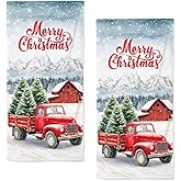 qiuhuang Christmas Hand Towels for Bathroom - Red Truck Tree Bath Towel Set of 2 - Merry Winter Kitchen Towels for Gym Hotel Xmas Gifts 28.7x13.7 Inch