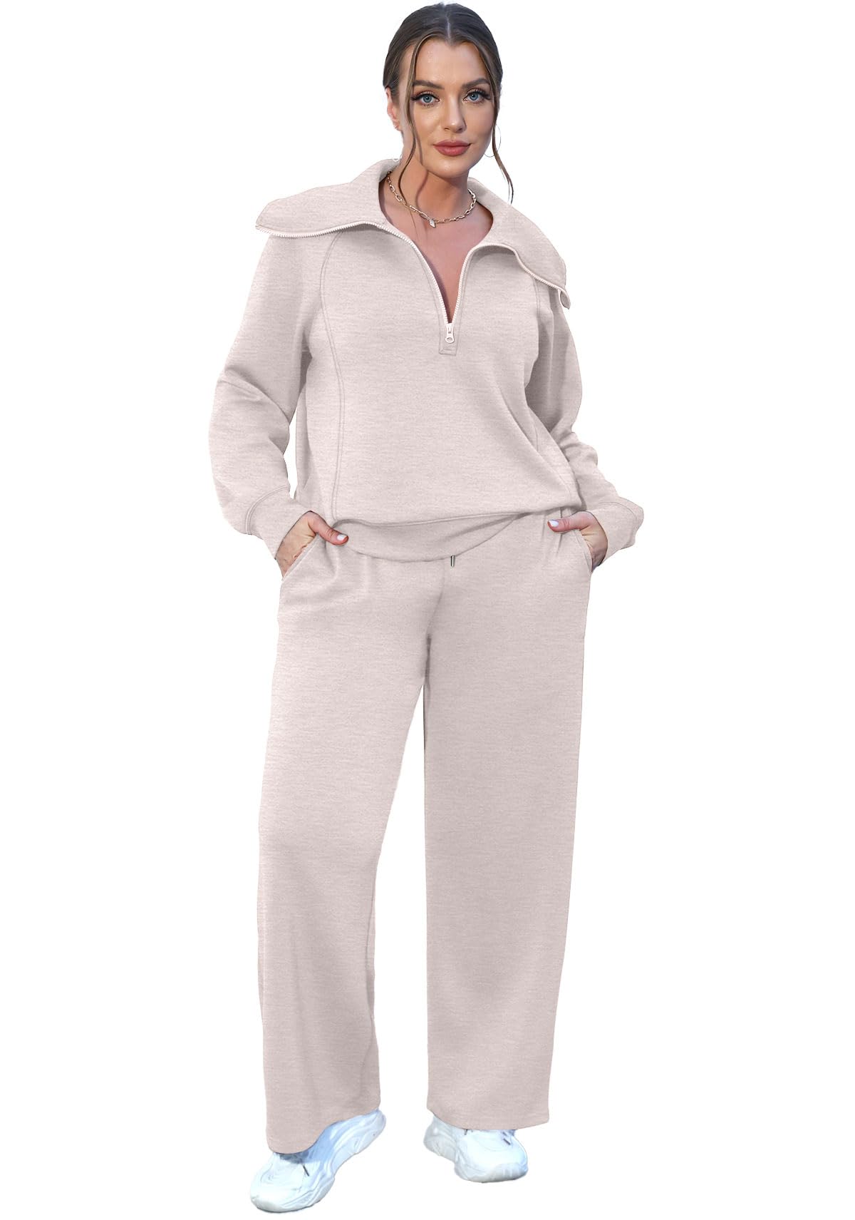 XIEERDUO 2 Piece Outfits For Women Two Piece Winter Lounge Sets Half Zip Sweatshirt Wide Leg Sweatpant Khaki M - Image 3