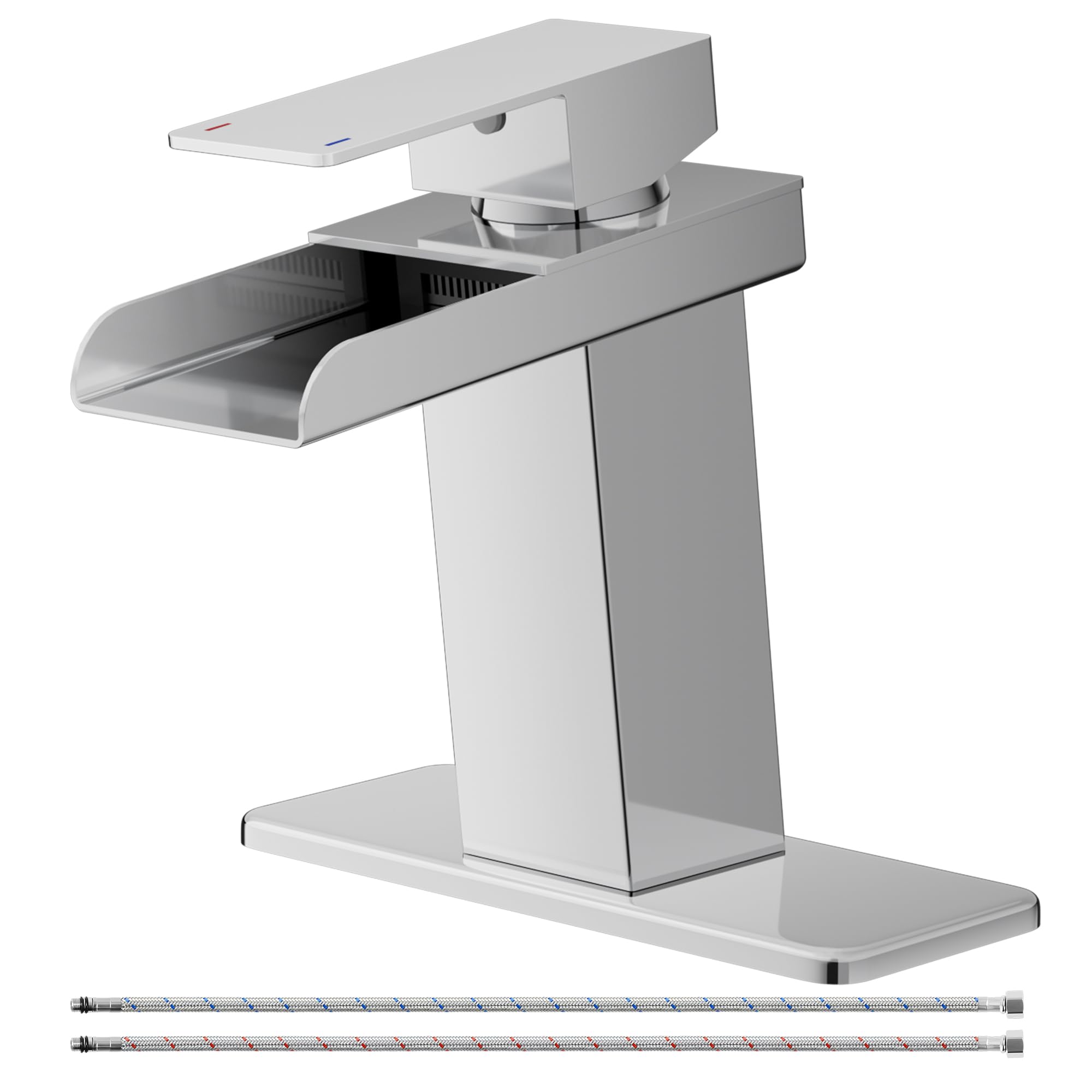 Photo 1 of BATHLAVISH Waterfall Bathroom Faucet One Hole, Chrome Modern Single Handle Bathroom Faucets for 1 or 3 Hole Bathroom Sink Faucet Washbasin Faucet Mixer Tap with Deck and 2 Hoses
