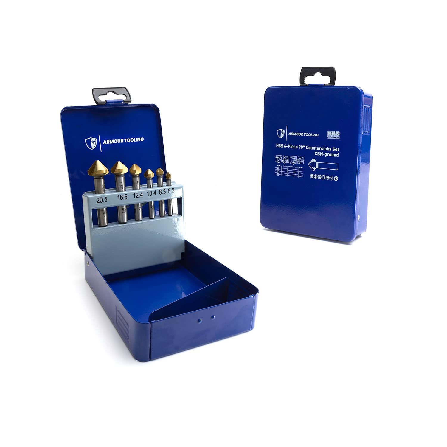 ARMOUR TOOLING - 6 Piece Countersink Drill Bit Set - HSS TiAN- 90 Degrees 3 Flute - Deburring Bits for Screw Heads - 6.3/8.3/10.4/12.4/16.5/20.5mm - Chamfer tool For Aluminium Wood Plastic & Steel