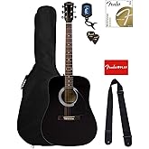 Fender Dreadnought Acoustic Guitar - Black Bundle with Gig Bag, Tuner, Strings, Strap, Picks, and Fender Play Online Lessons