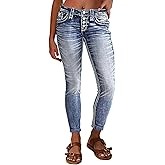 Flamingals Women's Mid Waisted Button Fly Straight Leg Front Jeans Topstitching Ripped Casual Denim Pants