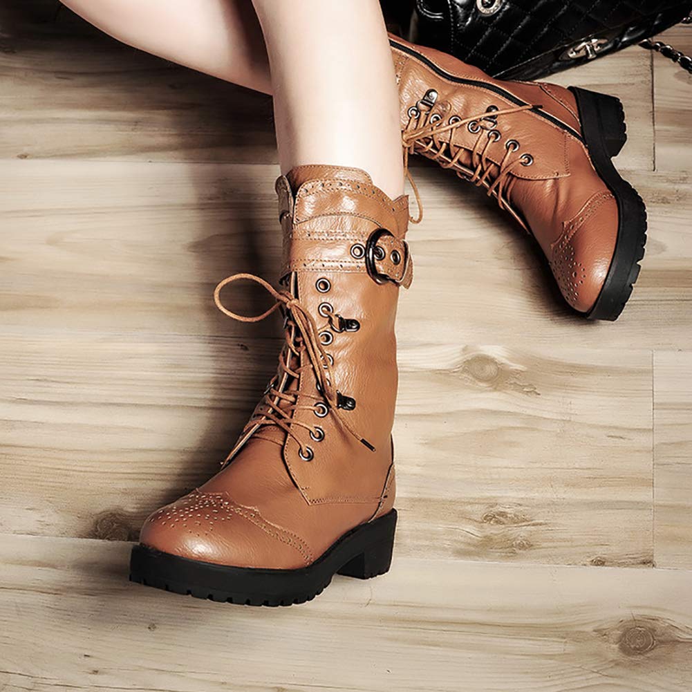 Odema Womens Round Toe Military Lace Up Low Heel Mid Calf Combat Boot - Image 3