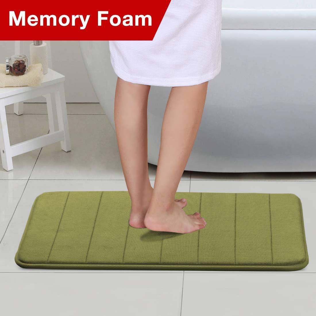 Soft Microfiber Memory Foam Bathroom Rugs Extra Absorbent Slip-Resistant Flannel Fleece Bath Mat Set Non Slip Dry Fast Machine-Washable Bath Mat, Olive Striped Pattern (1 Pack - 20" x 32"): Home & Kitchen