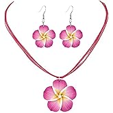 Dreuyet Colorful Plumeria Rubra Necklace Earrings Set for Women Elegant Hawaiian Style Flower Necklaces Bohemia Tropical Flower Dangle Earrings Luau Beach Party Accessories