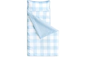 Wake In Cloud - Toddler Nap Mat with Pillow and Minky Fleece Blanket, for Kids Boys Girls in Daycare Preschool Kindergarten, Roll Up Sleeping Bag, Buffalo Check Plaid, Light Blue White, Standard