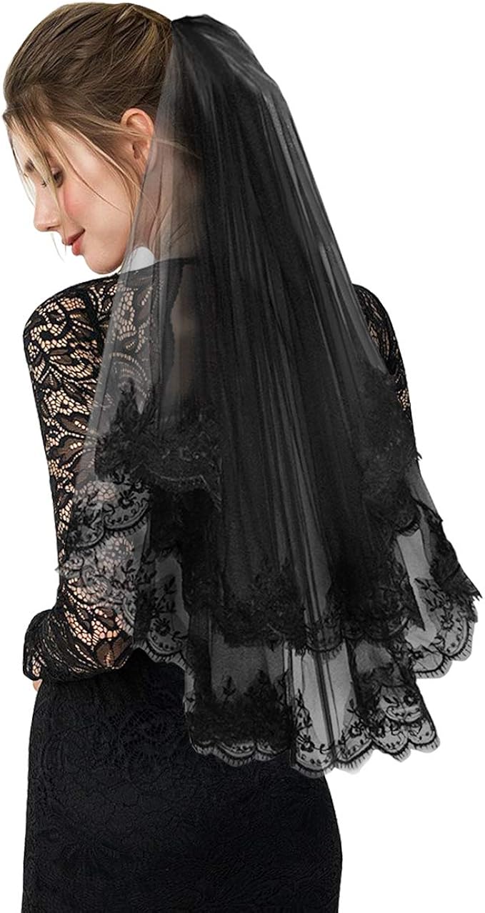 Black Lace Veil Vintage Wedding Veil Halloween Costume Comb Tulle With Appliques 2 Tiers Cosplay 80cm Clothing Amazon Com