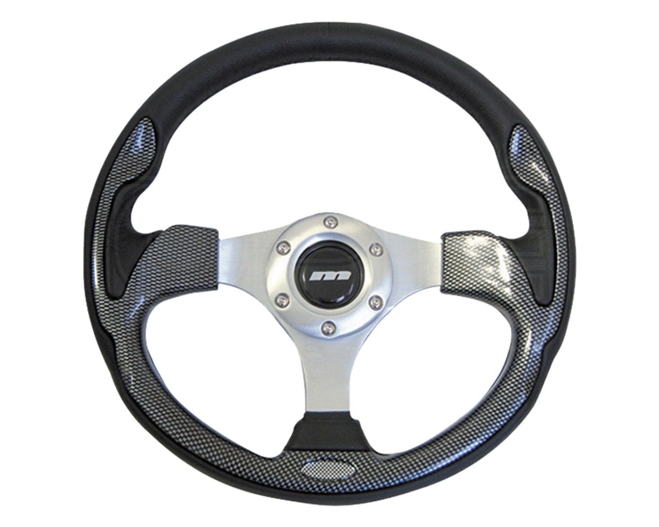 Mountney M32X3VV4S M Range Steering Wheel , Silver Anodised Center, 3 Spoke, Black Leather With Carbon Style Inset, 320mm In Diameter