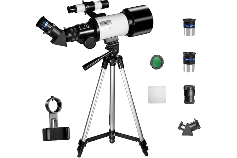 Telescope, 70mm Aperture 300mm Refractor Telescope with Phone Adapter, 3X Barlow Lens, Finder Scope, Moon Filter, Adjustable Aluminum Tripod, Portable Astronomy Telescope for Beginners