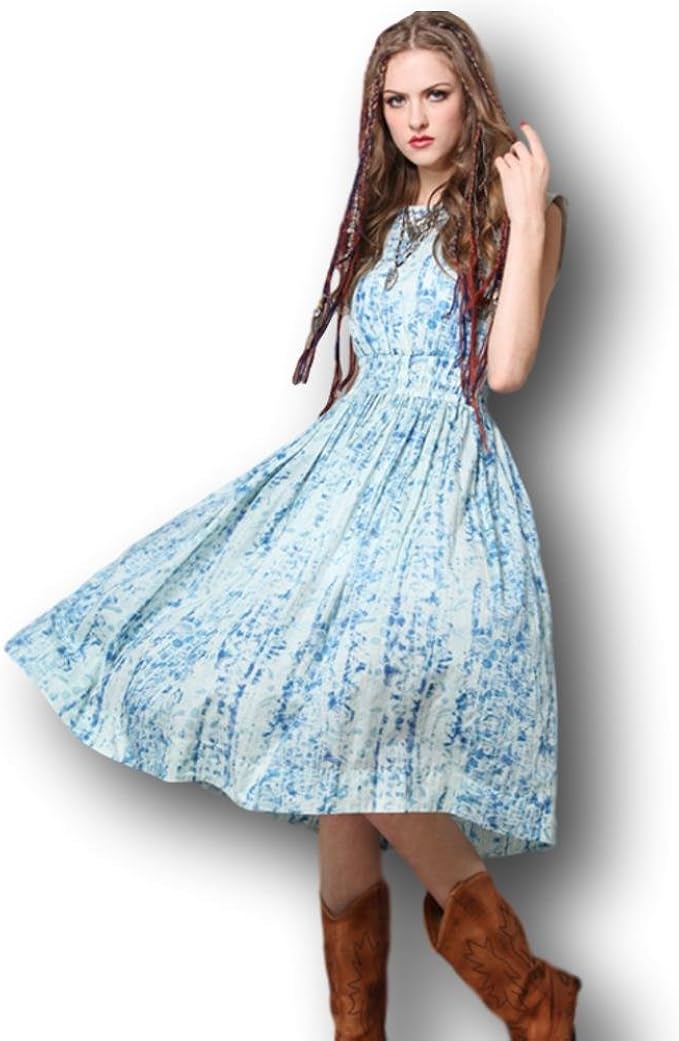 Amazon ジズル Zizzle レディース デニム柄 ノースリーブ Aライン マキシ丈 ワンピース パステルブルー 半袖 ボヘミアン ファッション 向け ワンピーススーツ 通販